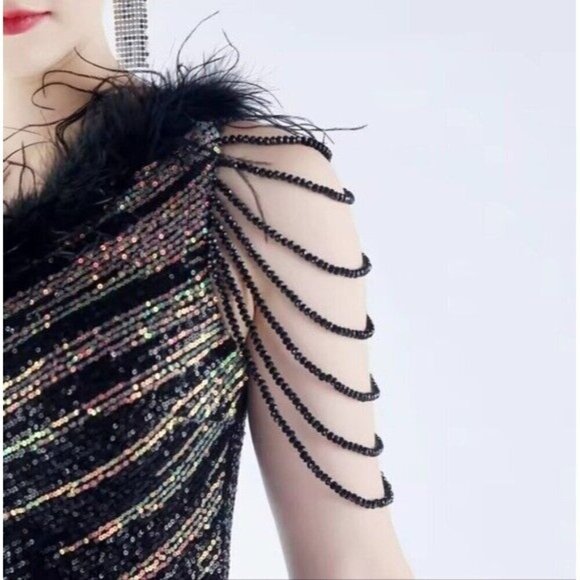 Black, One Shoulder Beaded, Gradient , Feather Neckline, Sequined Mermaid Gown - Picture 8 of 16
